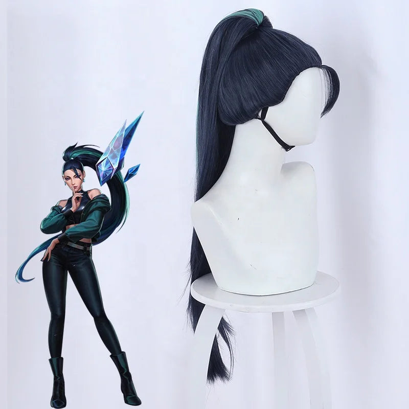 Wholesale KDA Kaisa Peluca 80cm Long Dark Blue Green Mixed League of Legends LOL Synthetic Anime Cosplay Wig With One Ponytail