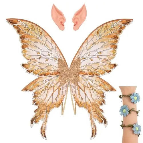 Fairy Wings Costume Set for Adults Butterfly Wings with Elf Ears & Flower Arm Wraps for Halloween Cosplay Photo