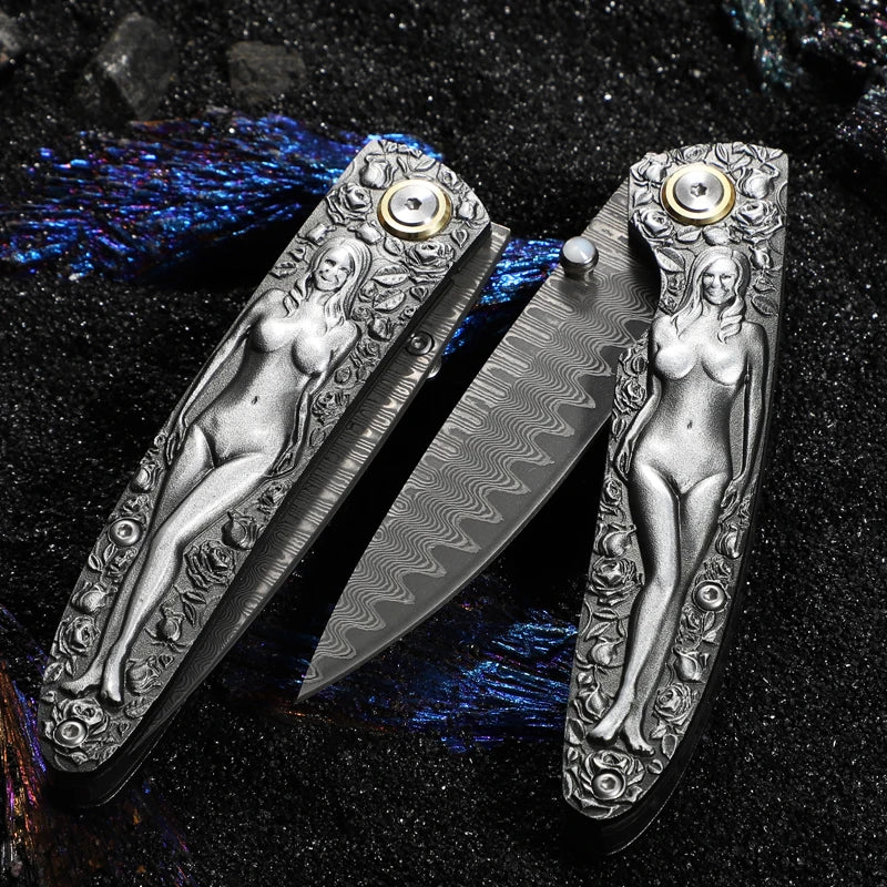 Pocket Knife Japanese Damascus Steel Blade Moussa Goddess Folding Knife