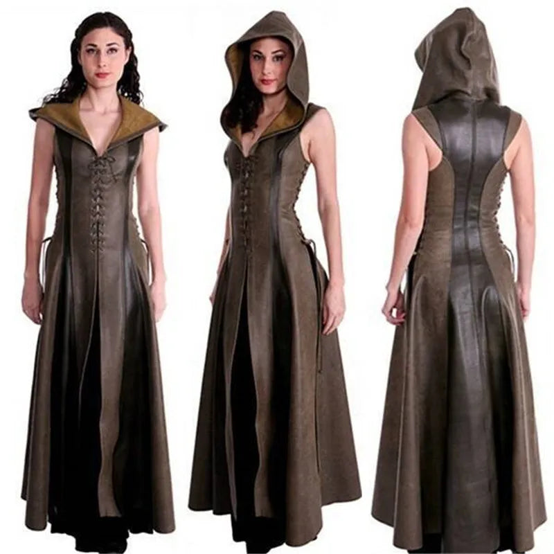 Women Anime Cosplay Costume Fashionable Hooded Archer Costume Leather Long Dress Sleeveless Medieval Women Suit