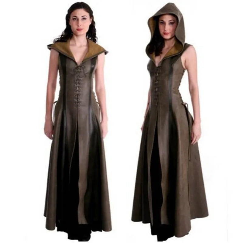 Women Anime Cosplay Costume Fashionable Hooded Archer Costume Leather Long Dress Sleeveless Medieval Women Suit