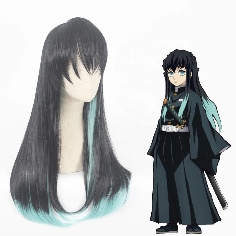 Wholesale 70cm Long Straight Demon Slayer Wig Black Light Green Mixed Tokitou Muichirou Synthetic Anime Cosplay Wigs