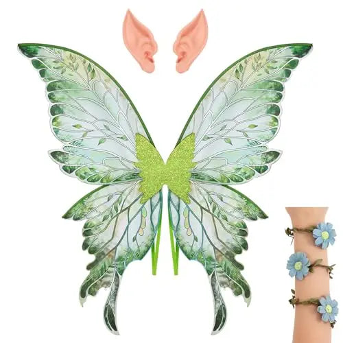 Fairy Wings Costume Set for Adults Butterfly Wings with Elf Ears & Flower Arm Wraps for Halloween Cosplay Photo