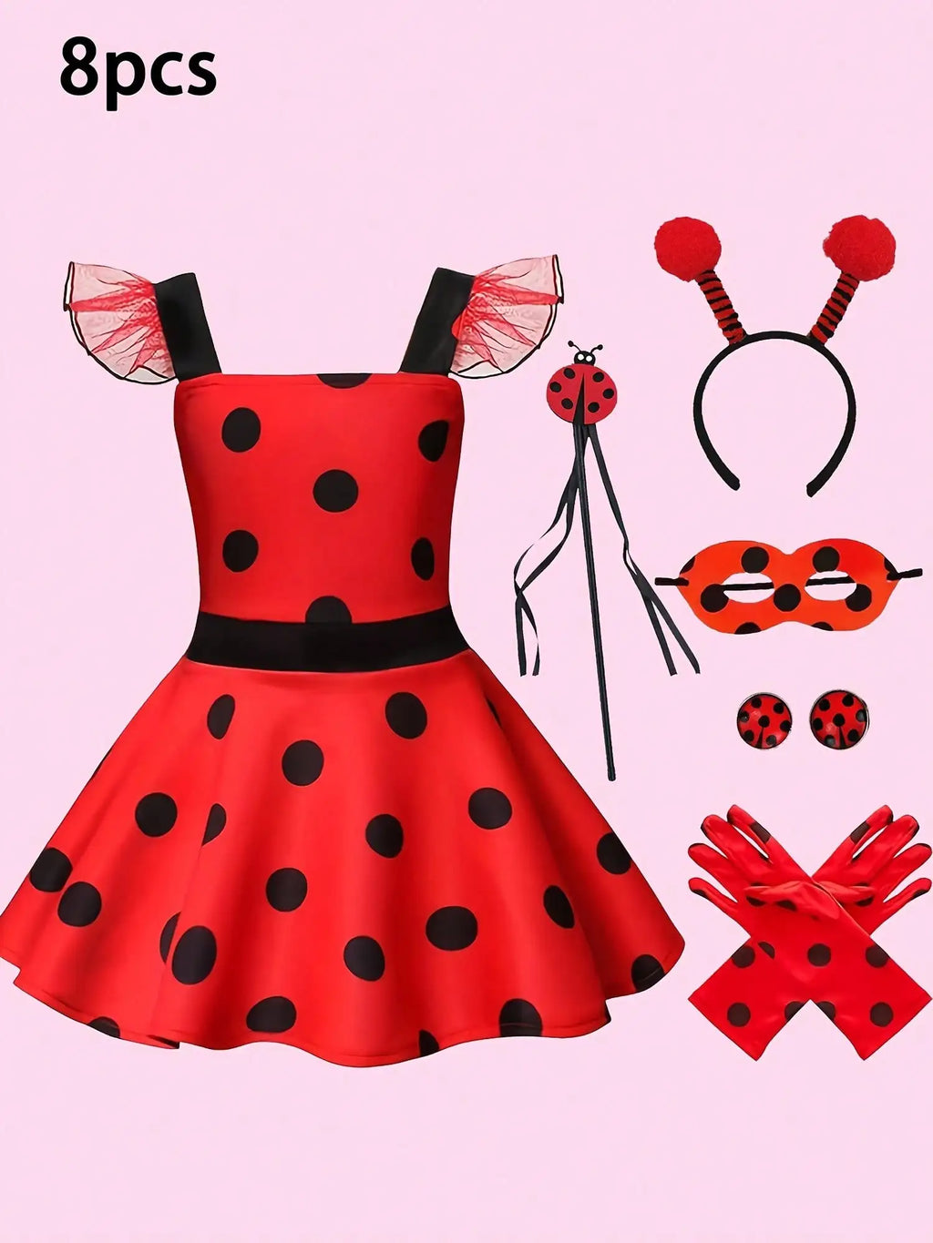 8pcs/set Red Black Dots Dress with Matching Hair Band+magic Wand+gloves+earring+eye Mask  Ladybug Cosplay Birthday Party Wear