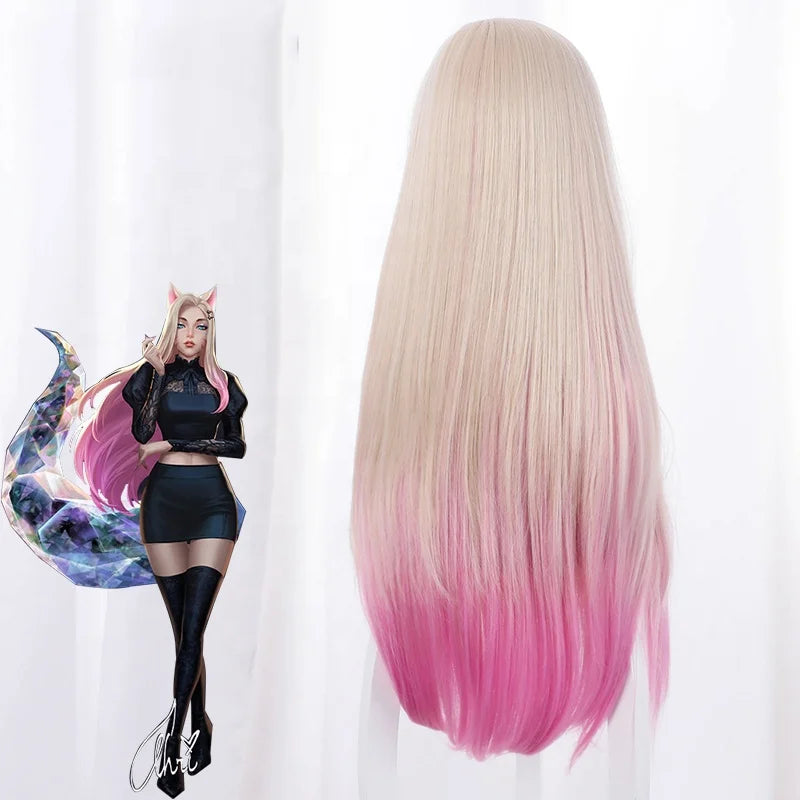 Wholesale League of Legends Anime Wig 80cm Long Beige Pink Mixed LOL KDA Ahri Wig Synthetic Anime Cosplay Wigs With Ears