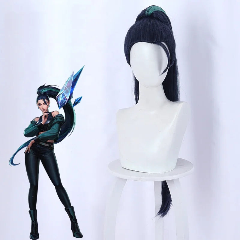 Wholesale KDA Kaisa Peluca 80cm Long Dark Blue Green Mixed League of Legends LOL Synthetic Anime Cosplay Wig With One Ponytail