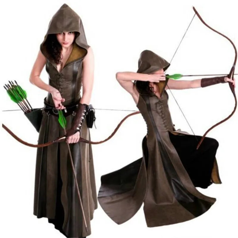 Women Anime Cosplay Costume Fashionable Hooded Archer Costume Leather Long Dress Sleeveless Medieval Women Suit