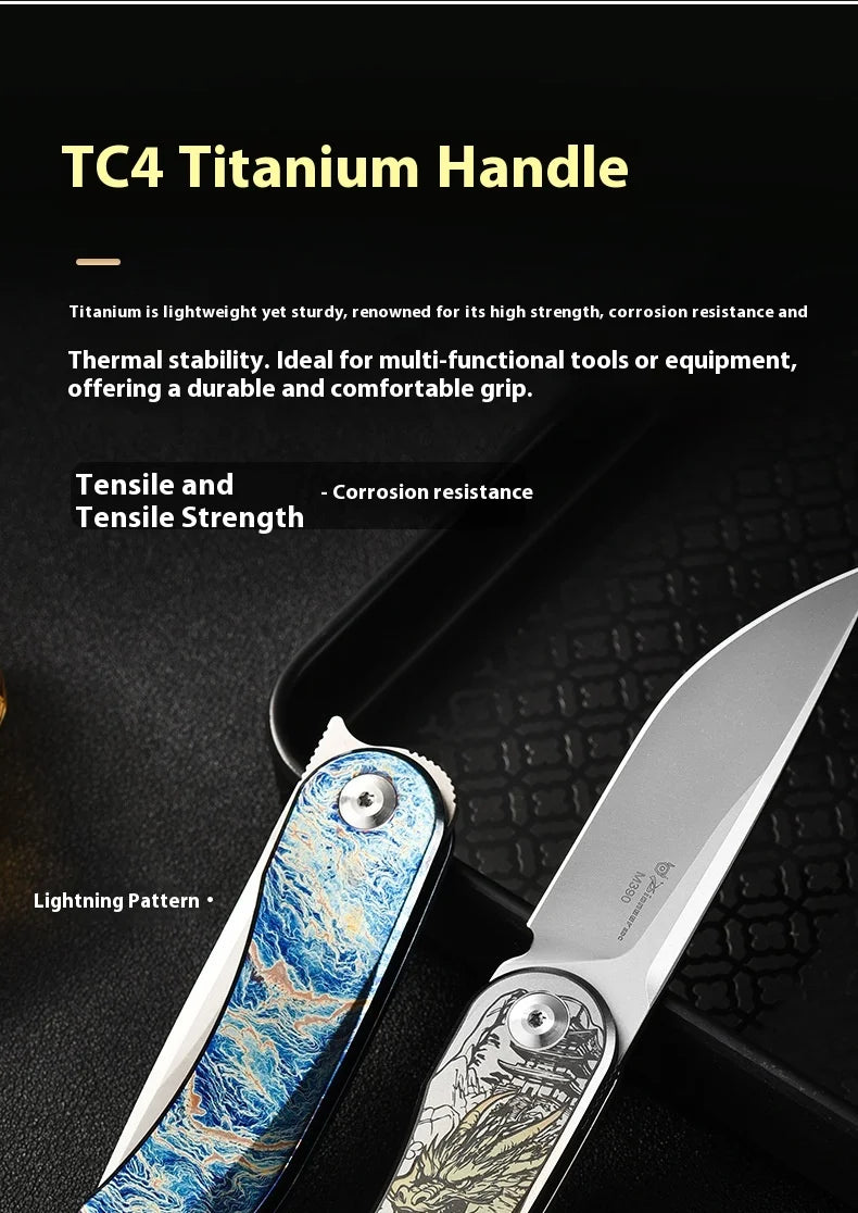 PioneerEDC Gr5 Titanium Alloy Survival Knife EDC Folding Utility Knife M390 Steel Blade High Hardness Tactical Camping Knife