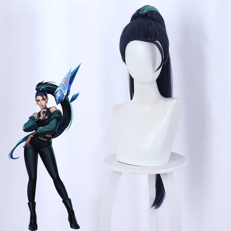 Wholesale KDA Kaisa Peluca 80cm Long Dark Blue Green Mixed League of Legends LOL Synthetic Anime Cosplay Wig With One Ponytail