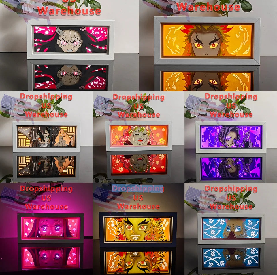 Anime Demon Slayer USA Warehouse Dropshipping Paper Carving Lamp 3D Anime Light Box Handicrafts Table Decoration Christmas Gift