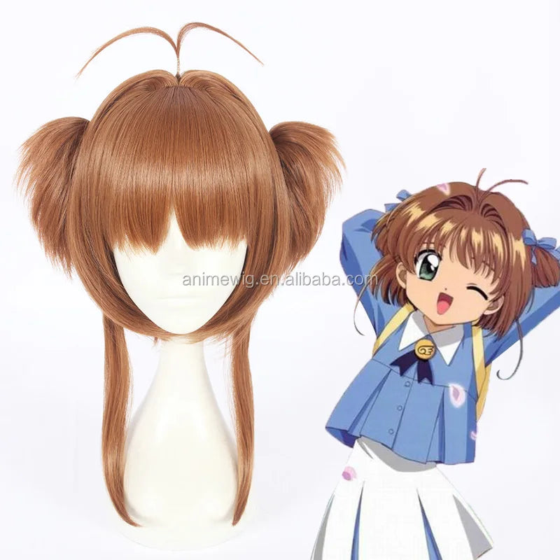 Wholesale Perruque Cosplay 40cm Light Brown Card Captor Sakura Kinomoto Sakura Wig Synthetic Anime Cosplay Wig Two Ponytails Wig
