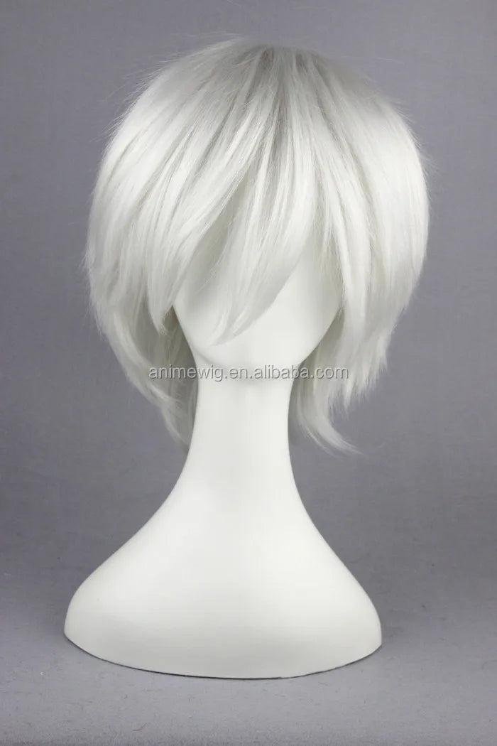 High Quality 30cm Short Silver white Hitman Reborn Byakuran Gesso Wig Synthetic Anime Cosplay Wig CS-015A