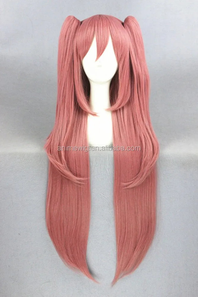 High Quality 90cm Long Straight Pink Seraph of the End Krul Tepes Wig Synthetic Anime Cosplay Hair Wig With Two Ponytails