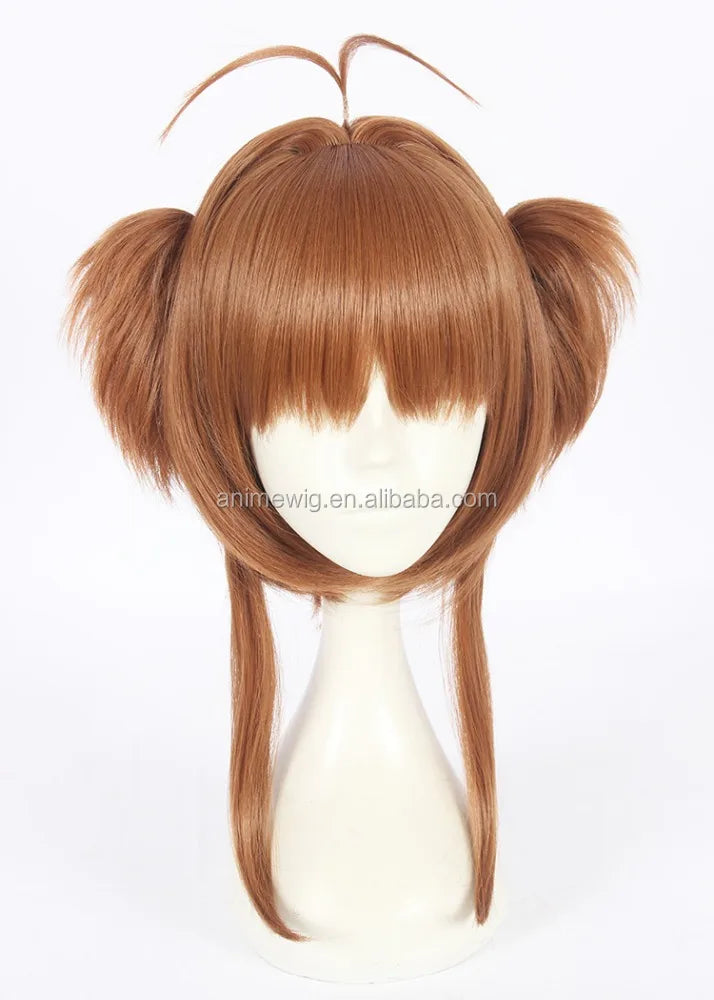 Wholesale Perruque Cosplay 40cm Light Brown Card Captor Sakura Kinomoto Sakura Wig Synthetic Anime Cosplay Wig Two Ponytails Wig