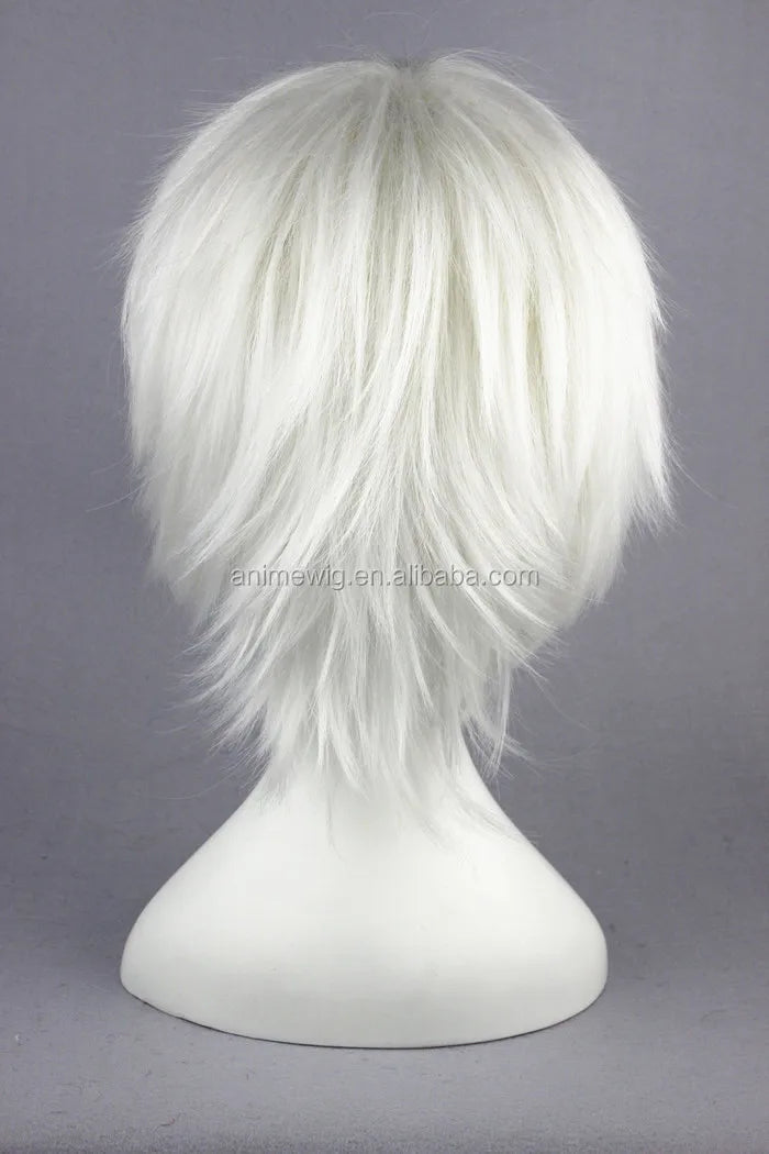 High Quality 30cm Short Silver white Hitman Reborn Byakuran Gesso Wig Synthetic Anime Cosplay Wig CS-015A