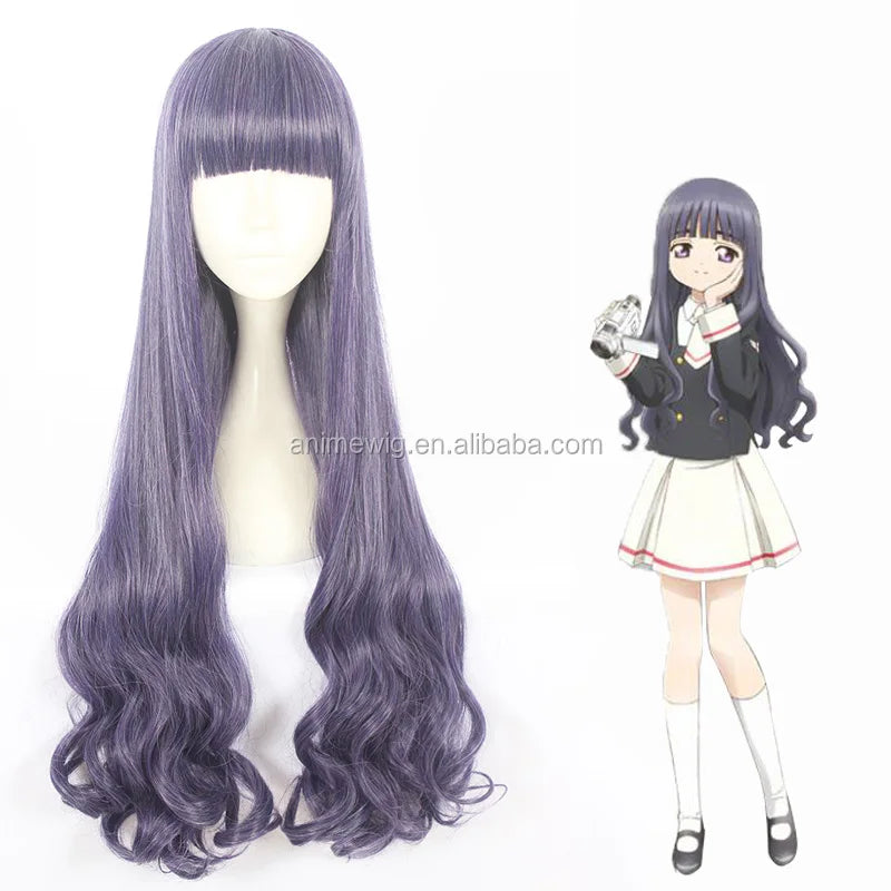 Wholesale Card Captor Sakura Wig Cosplay 90cm Long Curly Purple Mixed Tomoyo Peluca Synthetic Anime Cosplay Wig