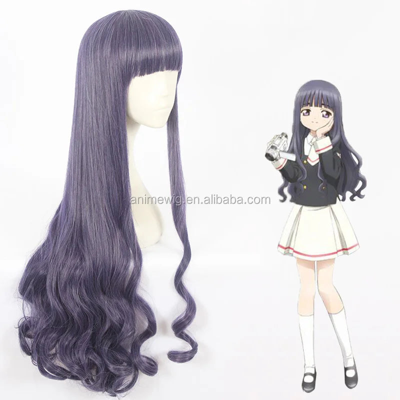 Wholesale Card Captor Sakura Wig Cosplay 90cm Long Curly Purple Mixed Tomoyo Peluca Synthetic Anime Cosplay Wig