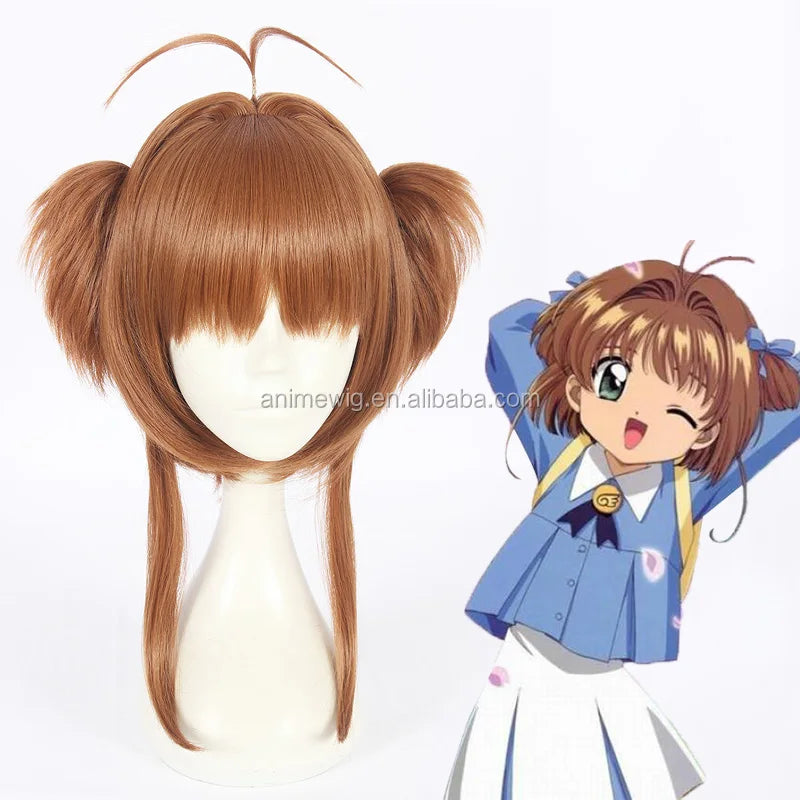 Wholesale Perruque Cosplay 40cm Light Brown Card Captor Sakura Kinomoto Sakura Wig Synthetic Anime Cosplay Wig Two Ponytails Wig