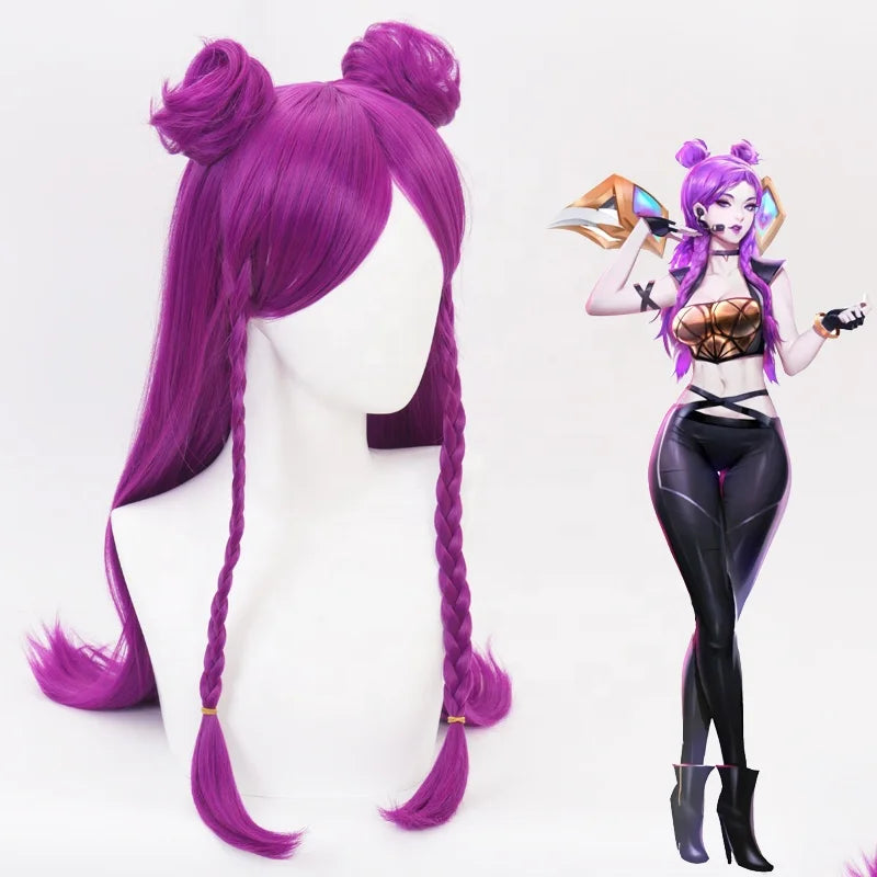 Wholesale League of Legends LOL Peluca Cosplay 70cm Long Purple KDA Kaisa Wig Synthetic Anime Cosplay Wig  2Ponytails