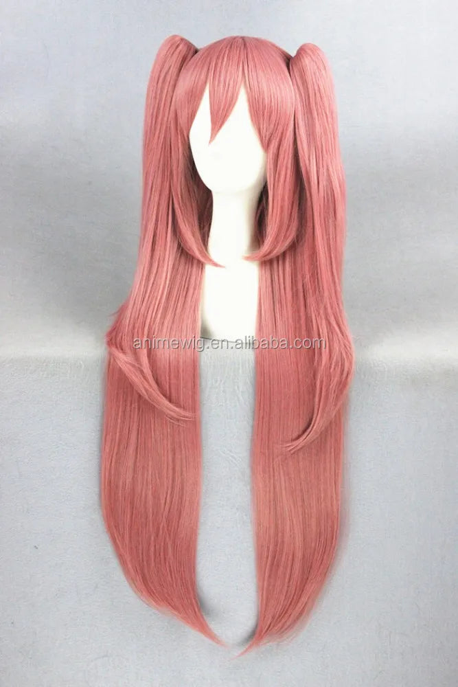 High Quality 90cm Long Straight Pink Seraph of the End Krul Tepes Wig Synthetic Anime Cosplay Hair Wig With Two Ponytails