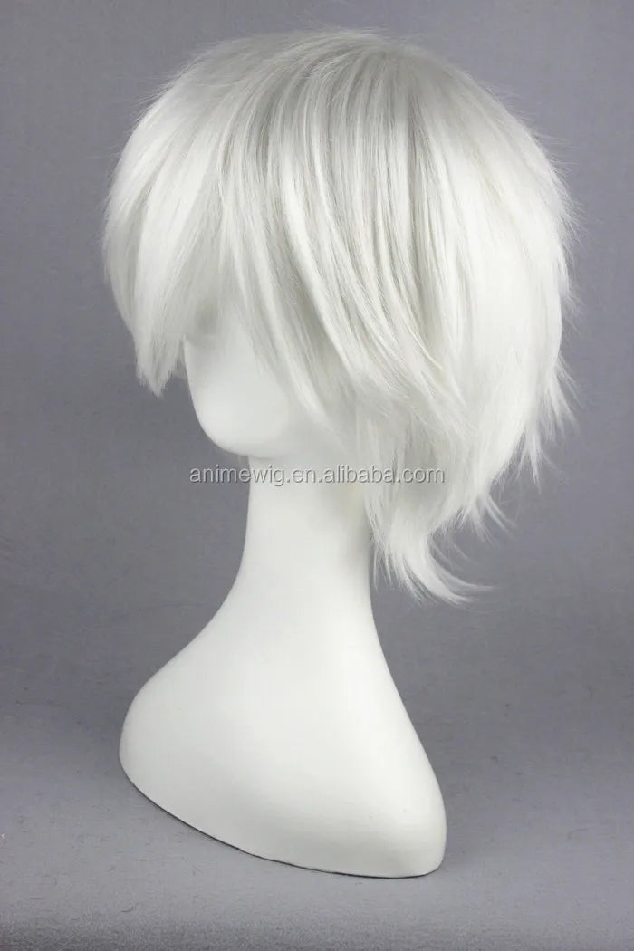 High Quality 30cm Short Silver white Hitman Reborn Byakuran Gesso Wig Synthetic Anime Cosplay Wig CS-015A