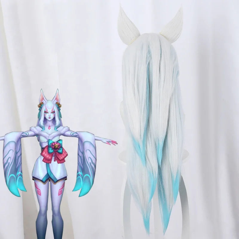 60cm Long Wave LOL Wig League of Legends Spirit Blossm White Ahri Wig Synthetic Anime Cosplay Wigs With Ears CS-119N