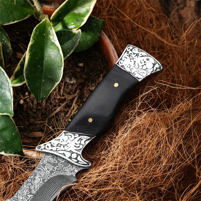Damascus Pattern Outdoor Knife, Exquisite Patterned Blade Black Wood Handle W/Metal Accents, Engraved Leather Sheath for Camping