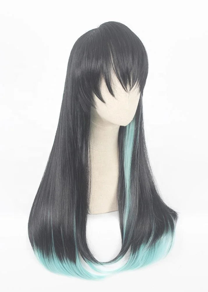 Wholesale 70cm Long Straight Demon Slayer Wig Black Light Green Mixed Tokitou Muichirou Synthetic Anime Cosplay Wigs