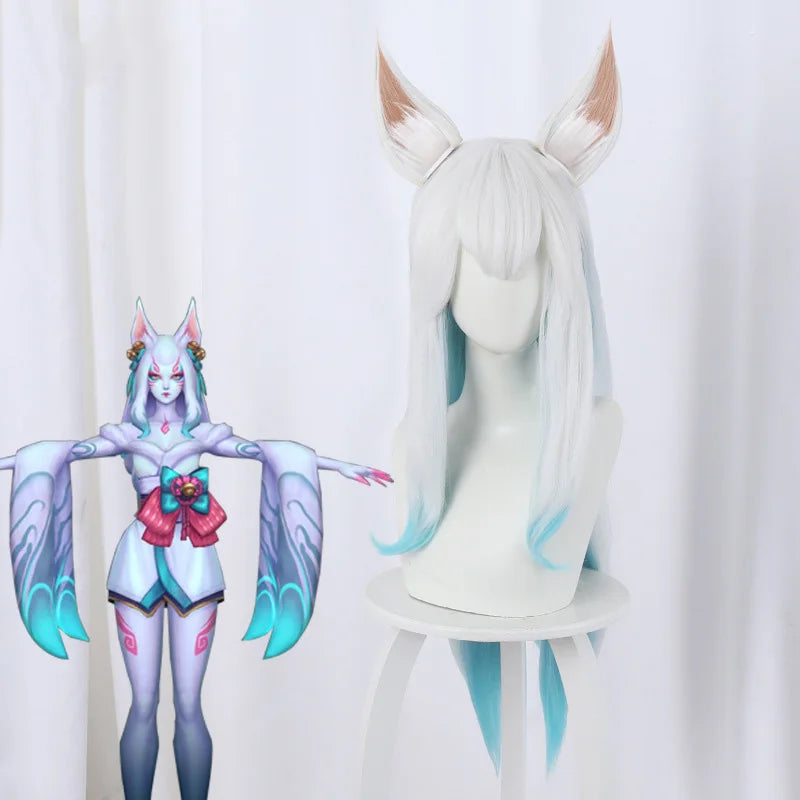 60cm Long Wave LOL Wig League of Legends Spirit Blossm White Ahri Wig Synthetic Anime Cosplay Wigs With Ears CS-119N