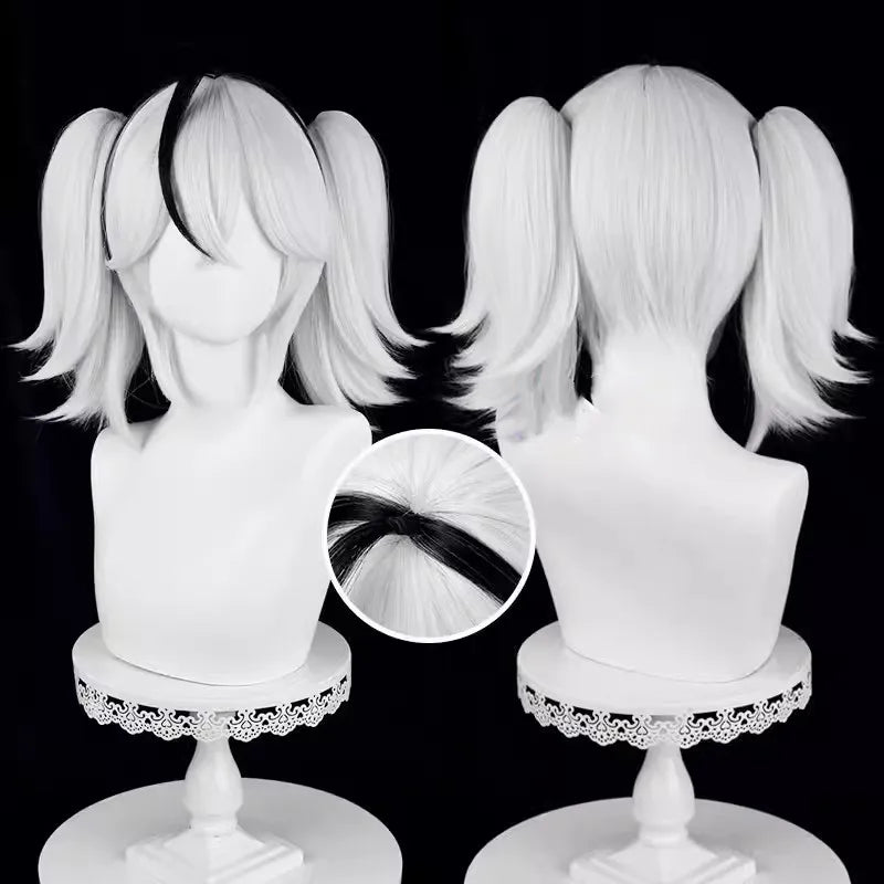 Wholesale Wuthering Waves Game 35cm Short Silver Black Mixed Camellya Chun Wig Synthetic Anime Cosplay Wig With Two Ponytails