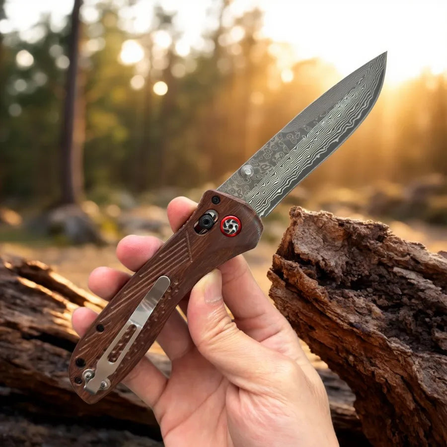 Local Stock Damascus Knife with Wood Handle Folding Design for Survival Outdoor Hunting Camping EDC Pocket Tool