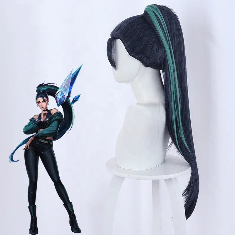 Wholesale KDA Kaisa Peluca 80cm Long Dark Blue Green Mixed League of Legends LOL Synthetic Anime Cosplay Wig With One Ponytail