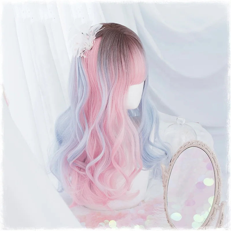 High Quality 50cm Long Curly Brown Pink Blue Three Colors Mixed Synthetic Anime Cosplay Hair Lolita Wigs for Girls CS-819A
