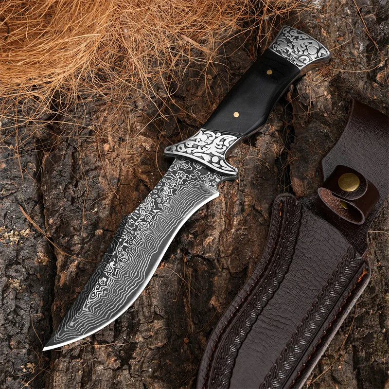 Damascus Pattern Outdoor Knife, Exquisite Patterned Blade Black Wood Handle W/Metal Accents, Engraved Leather Sheath for Camping