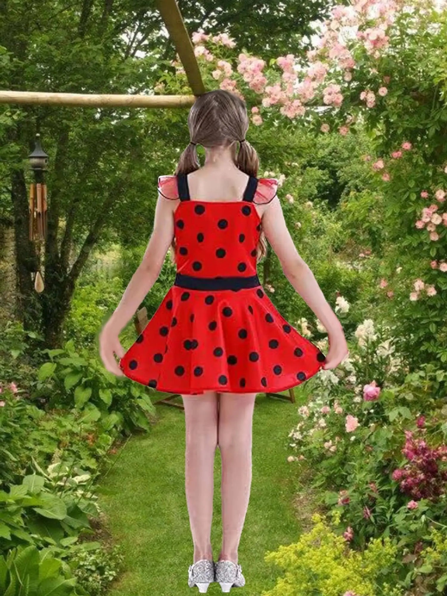 8pcs/set Red Black Dots Dress with Matching Hair Band+magic Wand+gloves+earring+eye Mask  Ladybug Cosplay Birthday Party Wear