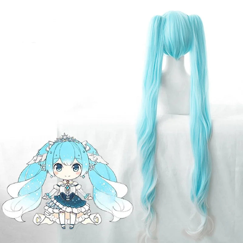 2019 New Snow Miku Wig Vocaloid Anime Cosplay Wigs With 2ponytails Mixed Long Curly Ice 120cm Blue White French Lace Wigs Longo