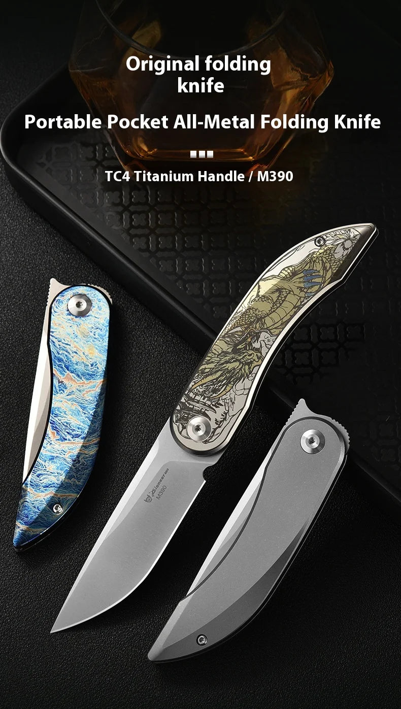 PioneerEDC Gr5 Titanium Alloy Survival Knife EDC Folding Utility Knife M390 Steel Blade High Hardness Tactical Camping Knife