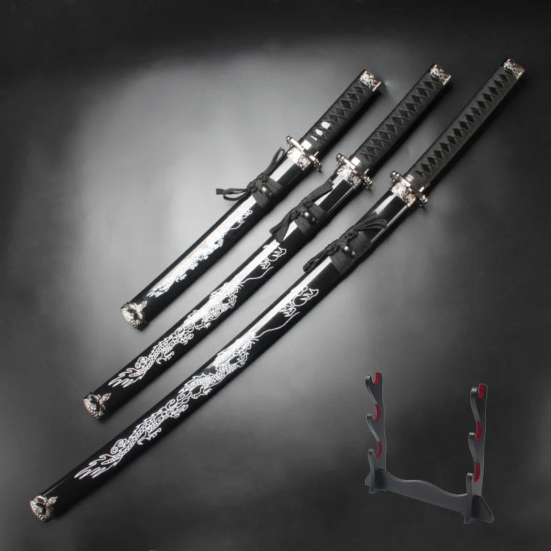 3-pcs Real Samurai Sword Dragon Pattern Katana Sword Cosplay Complimentary  Sword Holder
