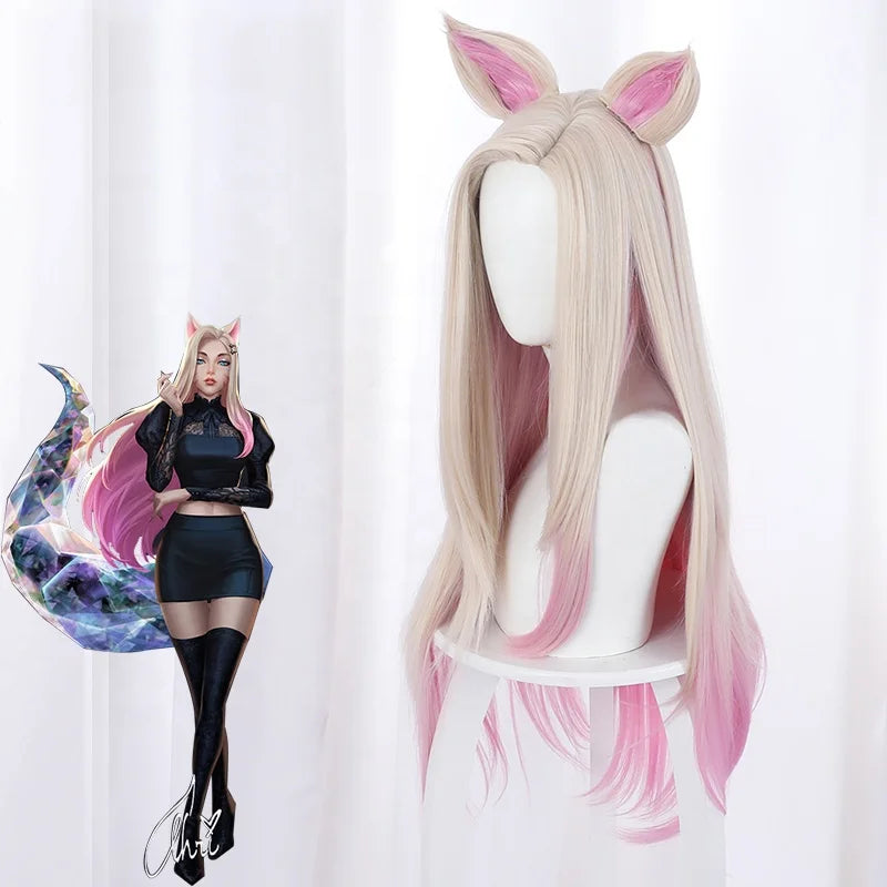 Wholesale League of Legends Anime Wig 80cm Long Beige Pink Mixed LOL KDA Ahri Wig Synthetic Anime Cosplay Wigs With Ears