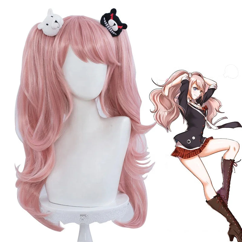 High Quality 60cm Long Curly Pink Dangan Ronpa Wig Enoshima Junko Hair Synthetic Anime Cosplay Wigs With 2Ponytails CS-078C