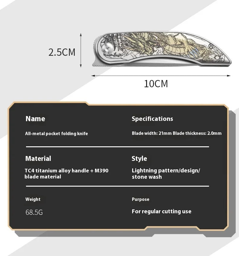 PioneerEDC Gr5 Titanium Alloy Survival Knife EDC Folding Utility Knife M390 Steel Blade High Hardness Tactical Camping Knife