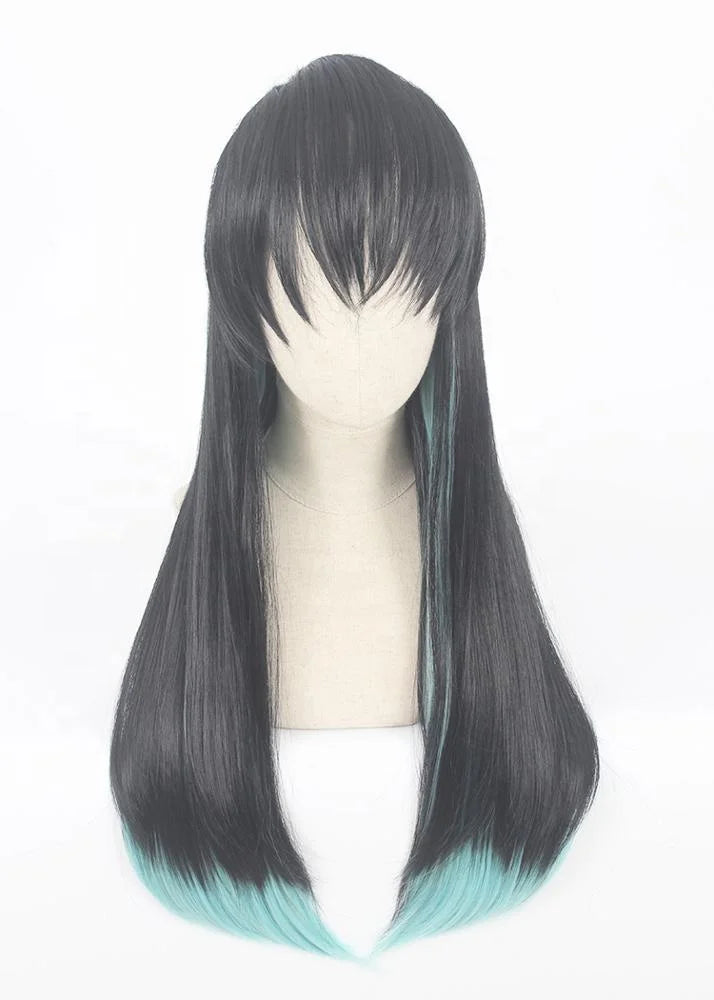 Wholesale 70cm Long Straight Demon Slayer Wig Black Light Green Mixed Tokitou Muichirou Synthetic Anime Cosplay Wigs