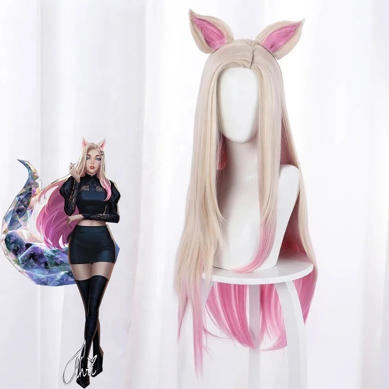 Wholesale League of Legends Anime Wig 80cm Long Beige Pink Mixed LOL KDA Ahri Wig Synthetic Anime Cosplay Wigs With Ears