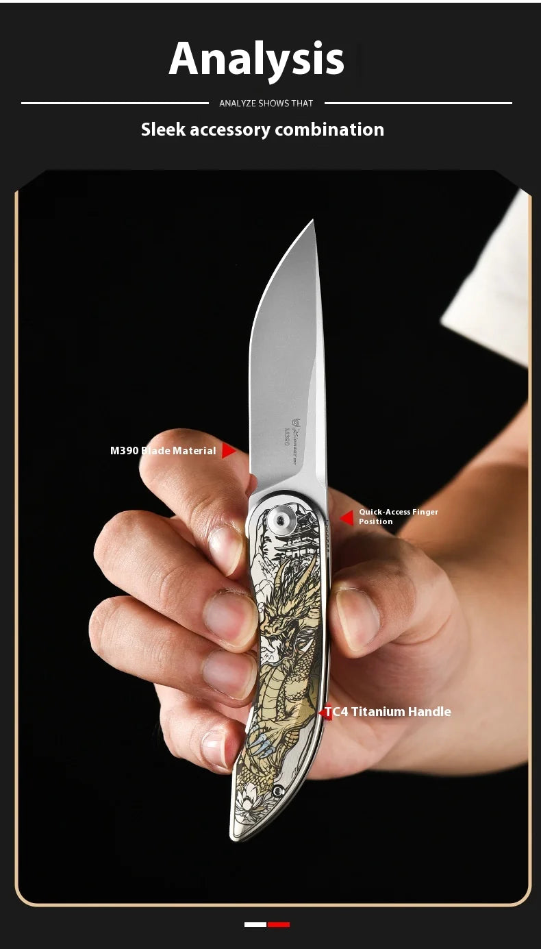 PioneerEDC Gr5 Titanium Alloy Survival Knife EDC Folding Utility Knife M390 Steel Blade High Hardness Tactical Camping Knife