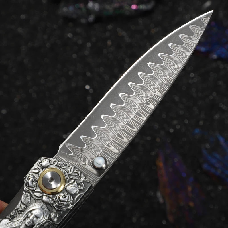 Pocket Knife Japanese Damascus Steel Blade Moussa Goddess Folding Knife
