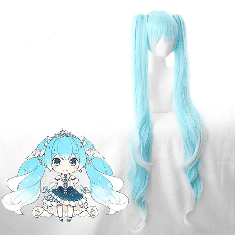 2019 New Snow Miku Wig Vocaloid Anime Cosplay Wigs With 2ponytails Mixed Long Curly Ice 120cm Blue White French Lace Wigs Longo