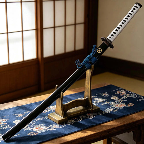 14+ Japanese Samurai Katana, Unsharpened Replica Sword, White Tsuka, Black Scabbard, for Adult Collectors & Cosplay