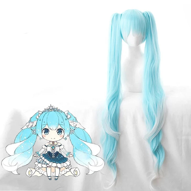 2019 New Snow Miku Wig Vocaloid Anime Cosplay Wigs With 2ponytails Mixed Long Curly Ice 120cm Blue White French Lace Wigs Longo