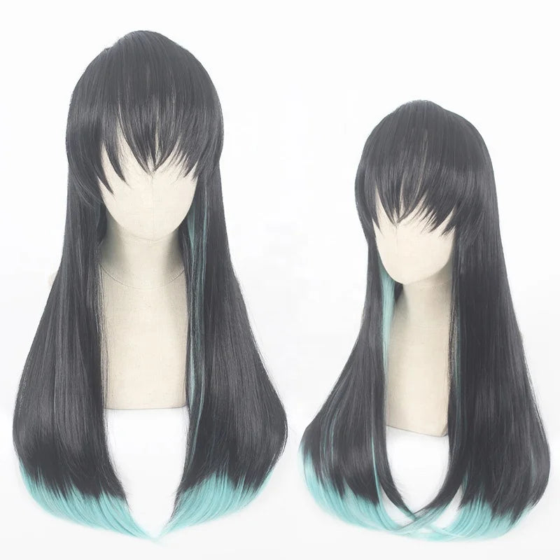 Wholesale 70cm Long Straight Demon Slayer Wig Black Light Green Mixed Tokitou Muichirou Synthetic Anime Cosplay Wigs