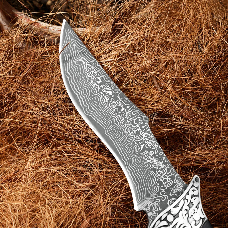 Damascus Pattern Outdoor Knife, Exquisite Patterned Blade Black Wood Handle W/Metal Accents, Engraved Leather Sheath for Camping